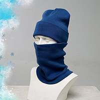 Комплект синий электрик шапка с отворотом + бафф, молодежный теплый мужской оригинальный набор 2 в 1