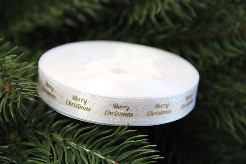 Атлас " Merry Christmas з горошками " 1.2 см білий рулон 22.5 метри, фото 1