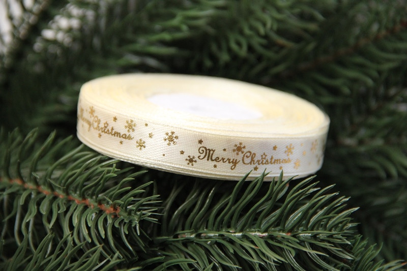 Атлас " Merry Christmas зі сніжинками " 1.2 см бежевий рулон 22.5 метри, фото 1