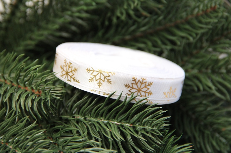 Атлас " Золоті сніжинки " 1.2 см білий рулон 22.5 метри, фото 1