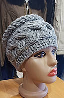 Жіноча шапка-кубанка ручної роботи, візерунок турецька коса та колоски, р 54-58 сірий колір.