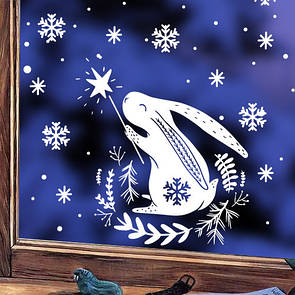 Вінілова інтер'єрна наклейка на Новий рік Символ року 2023 (заєць, кролик, набір сніжинок)