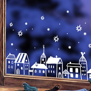 Вінілова інтер'єрна наклейка на Новий рік Щасливе місто (будинки, містечко, зірки)