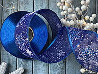 Лента новогодняя 6 см, 3 метра/уп., "Белые снежинки на синем"