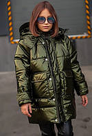 Зимняя подростковая куртка на силиконе хаки на рост 140-170