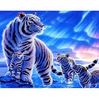 Діамантова вишивка. Картина на підрамнику "Тигриця з тигренятами", 30х40см, квадратні стрази