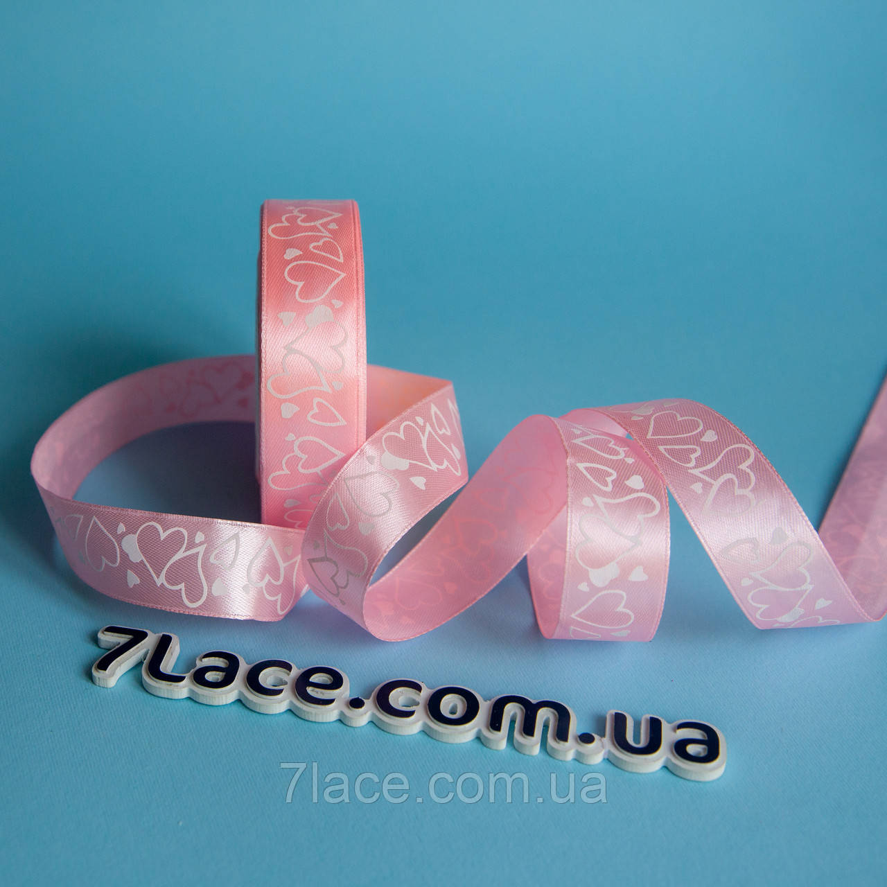Стрічка атласна з принтом / колір РОЖЕВИЙ / ширина 2,5 см / бобіна 23 метри, фото 1
