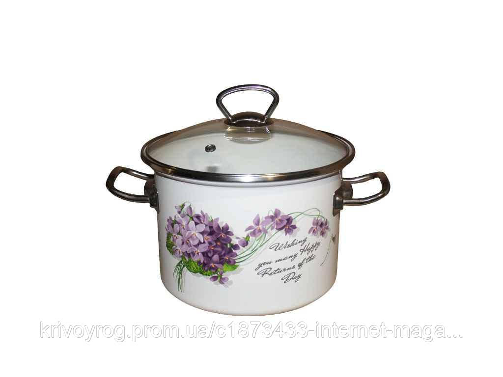 Каструля ем. 5,5л циліндрична з н/ж фурнітурою та скляною кришкою Віола (біла) I83117 ТМ IDILIA, фото 1