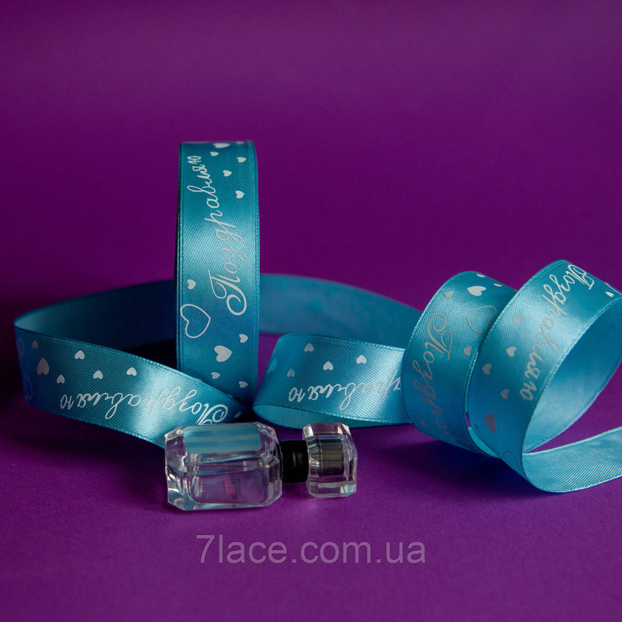 Стрічка атласна з принтом / колір БЛАКИТНИЙ / ширина 2,5 см / від 1 метра, фото 1