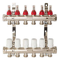 Коллекторная группа для теплого пола и отопления с расходомерами 1"х3/4"х 6 выходов латунь, никель , ASCO