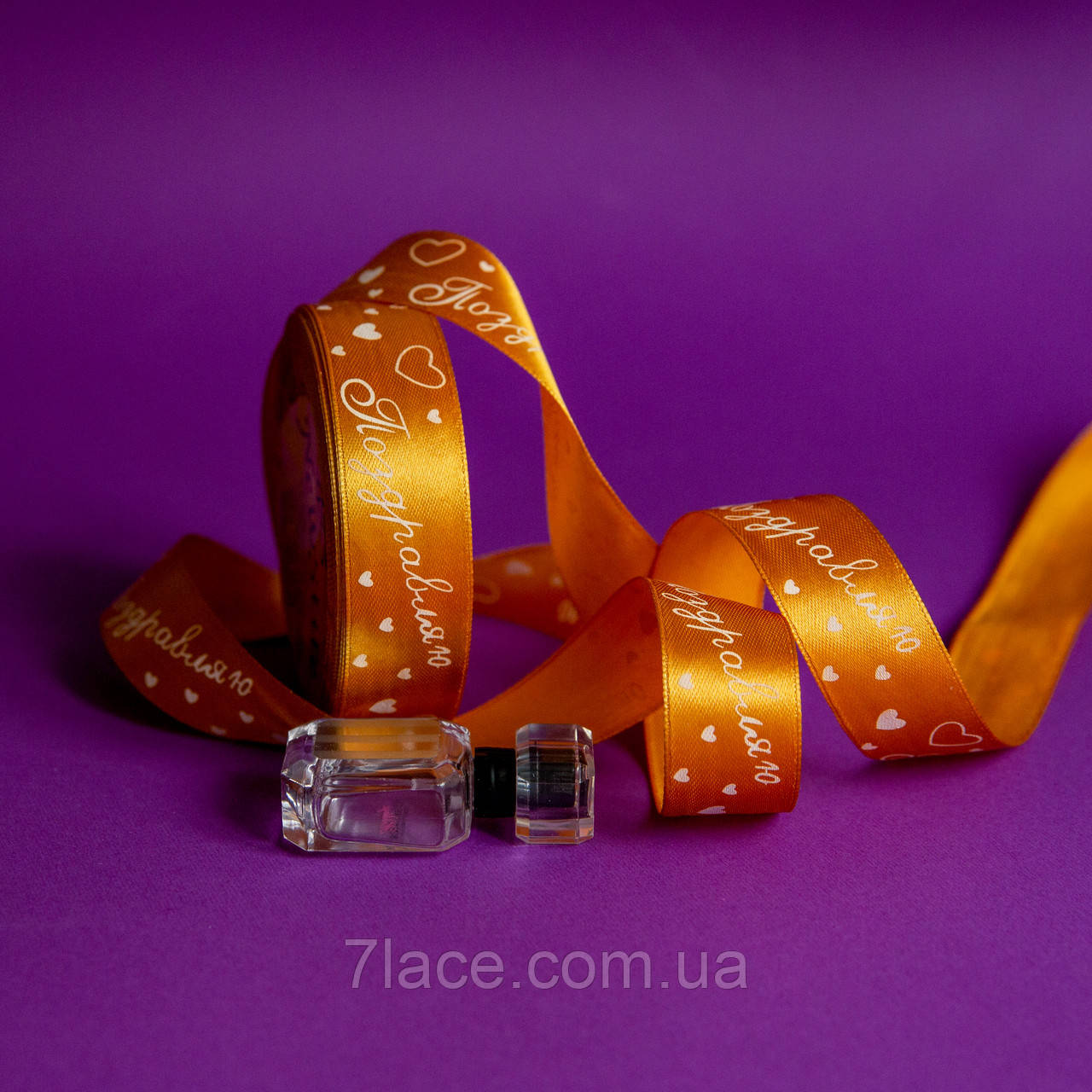 Стрічка атласна з принтом / колір ЗОЛОТИЙ / ширина 2,5 см / від 1 метра