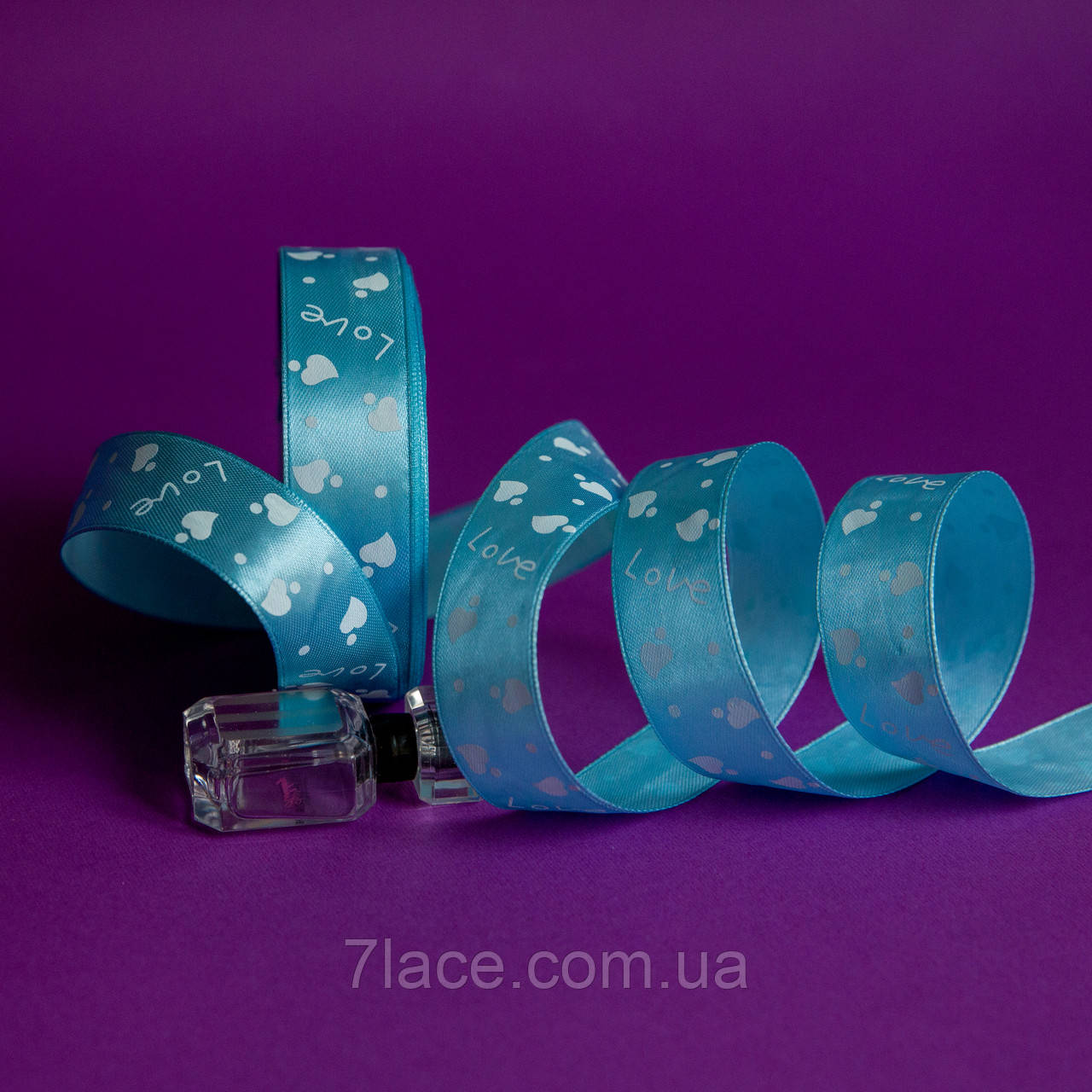 Стрічка атласна з принтом / колір БЛАКИТНИЙ / ширина 2,5 см / від 1 метра, фото 1