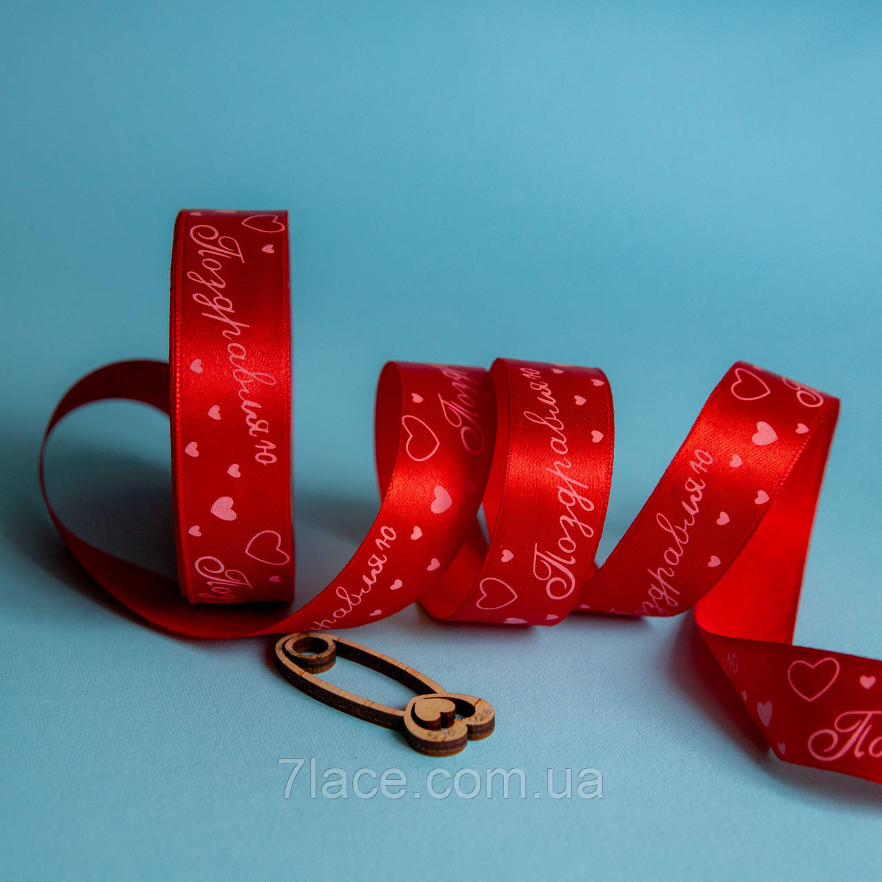 Стрічка атласна з принтом / колір ЧЕРВОНИЙ / ширина 2,5 см / від 1 метра