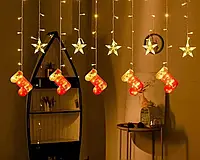 Гирлянда шторка с формами: новогодний сапожек и звезды 10 Pcs light теплая гирлянда-штора