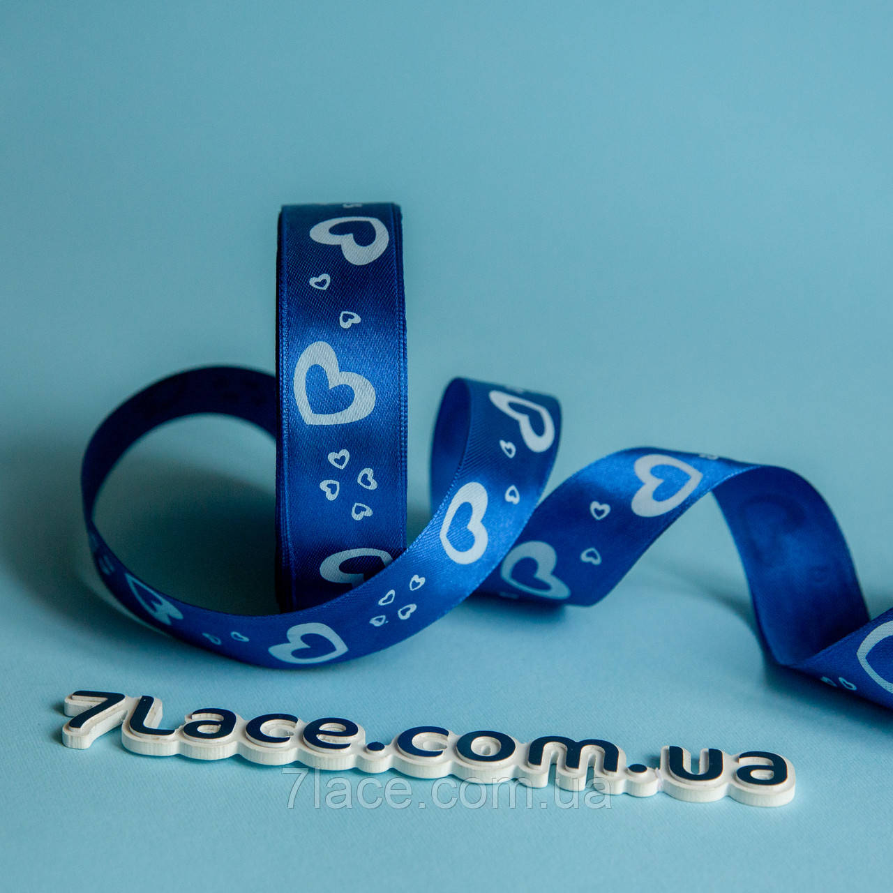Стрічка атласна з принтом / колір ТЕМНО-СИНІЙ / ширина 2,5 см / від 1 метра, фото 1