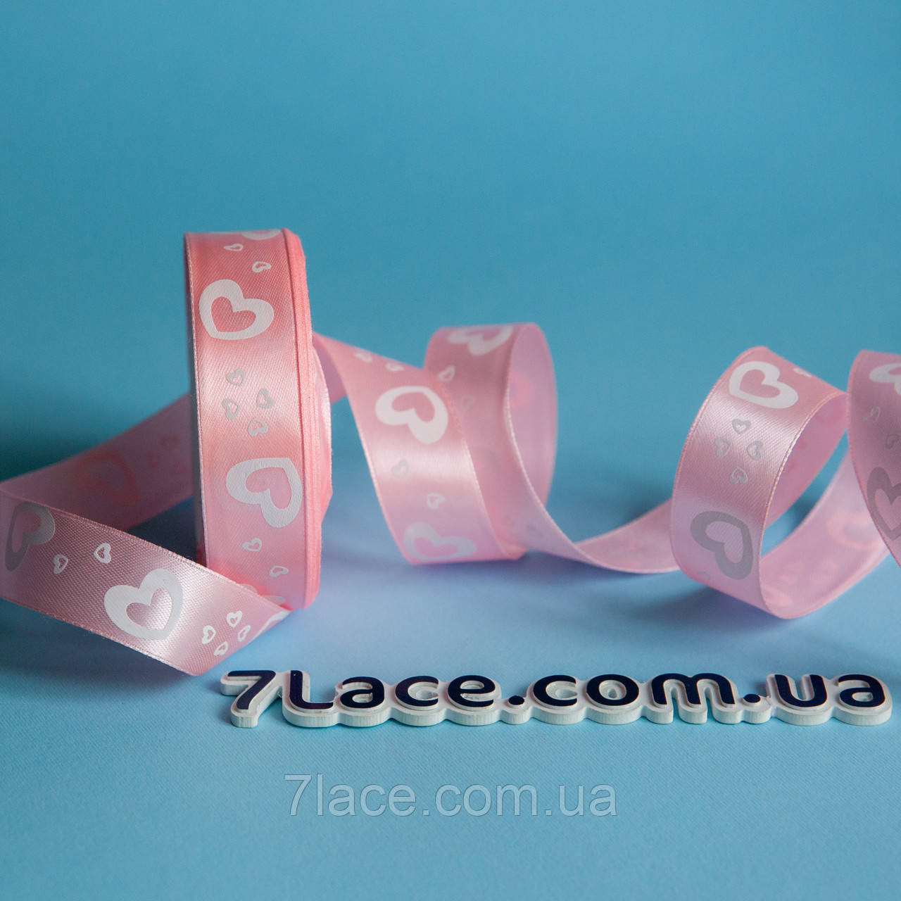 Стрічка атласна з принтом / колір РОЖЕВИЙ / ширина 2,5 см / від 1 метра, фото 1