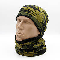 Вязаный мужской Комплект Braxton Шапка+Бафф, тактическая шапка пиксель темная с подклакой флис, баф с резинкой