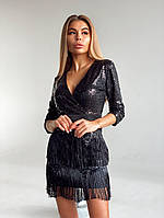 Коктельное мини платье из пайетки с верхом на запах и бахрамой на юбке (р. S-M) 66PL5030Q