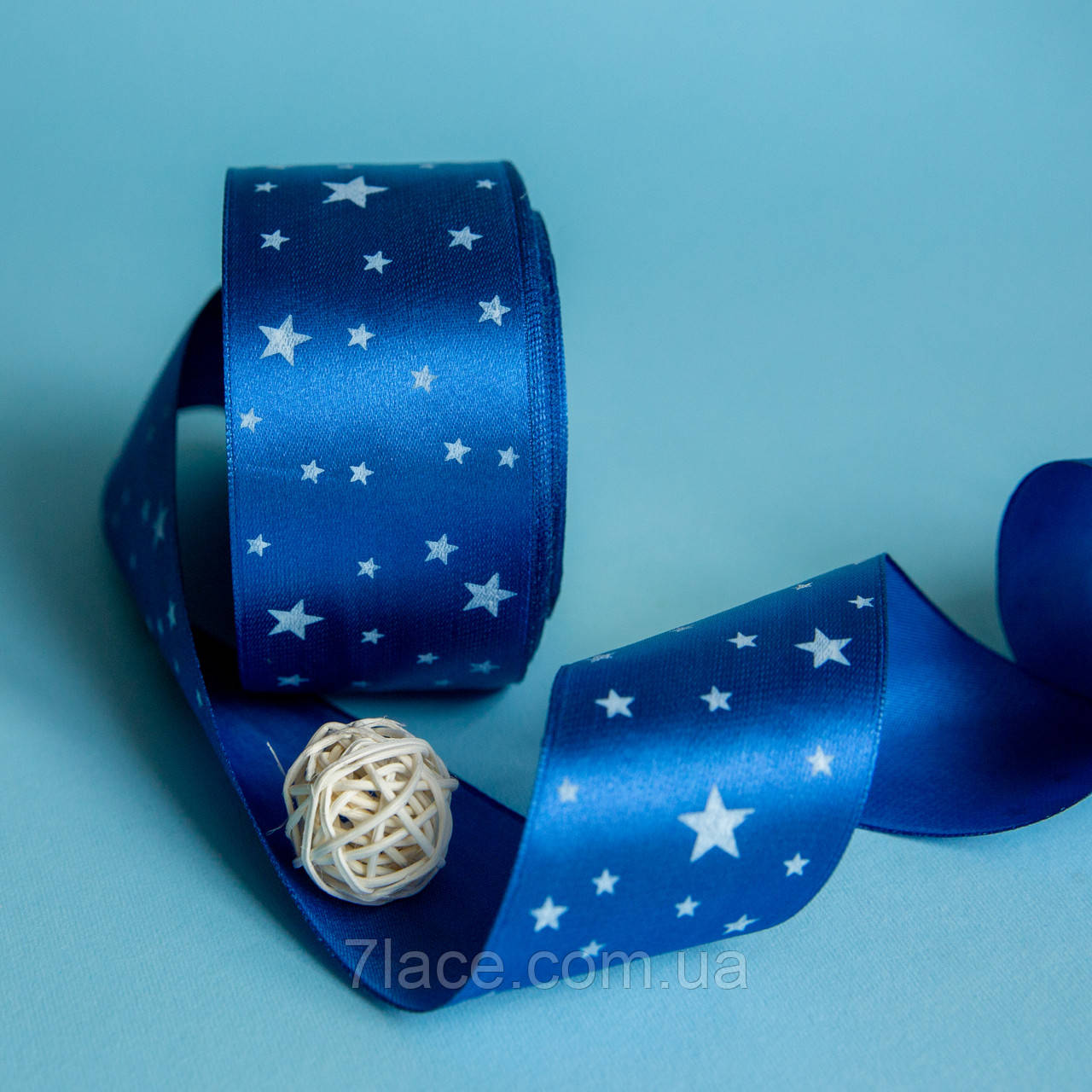 Стрічка атласна з принтом / колір ТЕМНО-СИНІЙ / ширина 5 см / від 1 метра