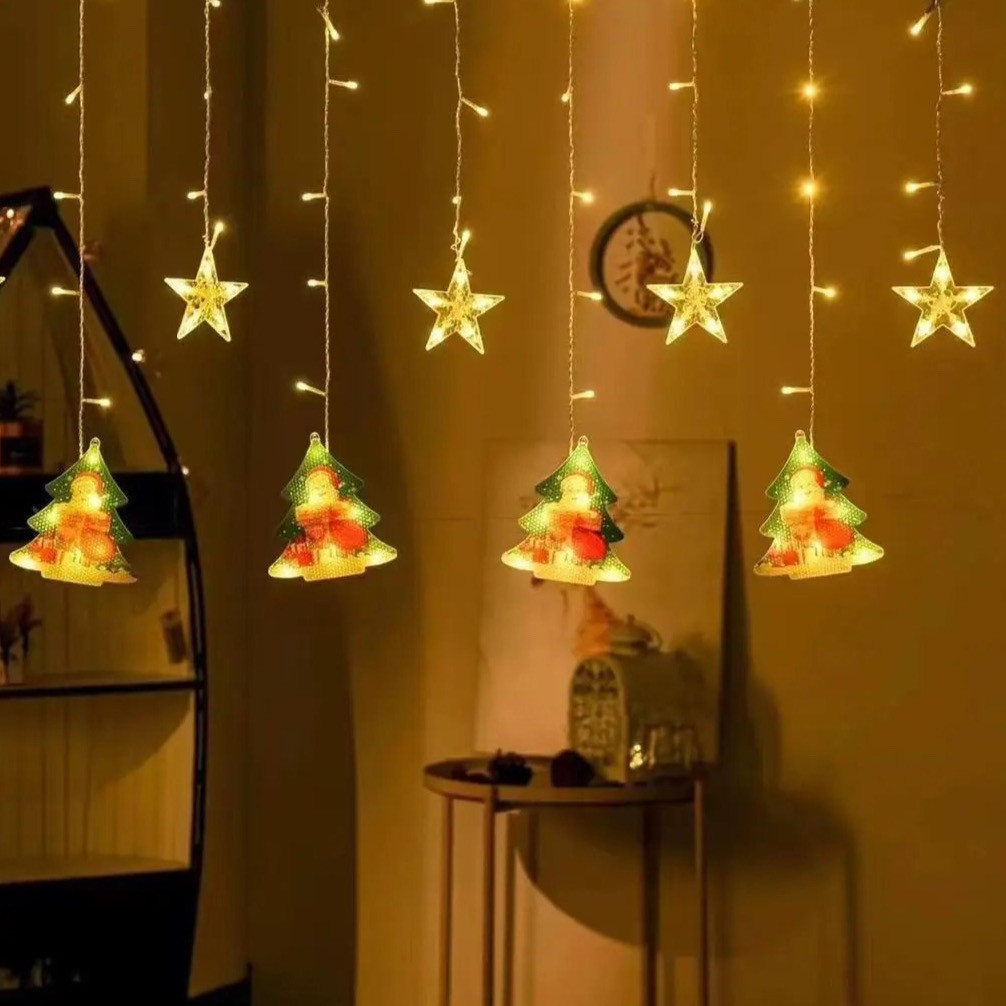 Гірлянда шторка з формами: Зірки, Ялинки Дід Мороз Санта 10 PCS light Тепла гірлянда-штора
