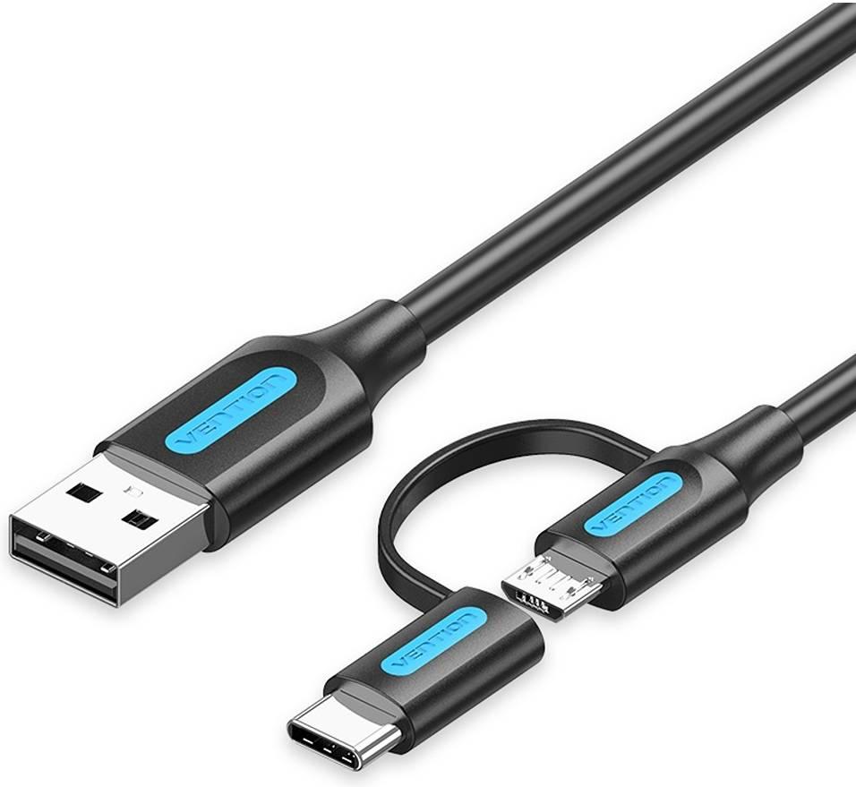 Кабель Vention 2-в-1 USB 2.0 A до Micro-B & USB-C два інтерфейси 480 Мбіт/с 1 м Чорний CQDBF