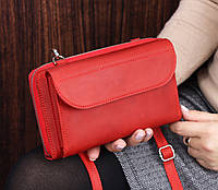 Кожаная женская сумка клатч для телефона на молнии с ремешком через плечо/ Сумка с гравировкой