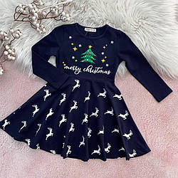 Новорічна сукня з ялинкою та оленями для дівчинки Темно-Синя 22159 163,Toontoy, Тёмно-Синий, Девочка, Зима, 104 см
