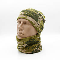 Вязаный мужской Комплект Braxton Шапка+Бафф тактическая шапка пиксель светлая с подклакой флис, баф с резинкой