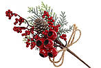 Декоративна новорічна гілка з хвої з червоними ягодами та шишками 28 см BonaDi