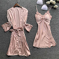 Комплект шелковый пеньюар и ночная рубашка розовый размер 46