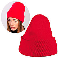 Осенняя женская шапка с отворотом Красная №6 / Двойная теплая шапка в рубчик / Вязаная демисезонная шапка