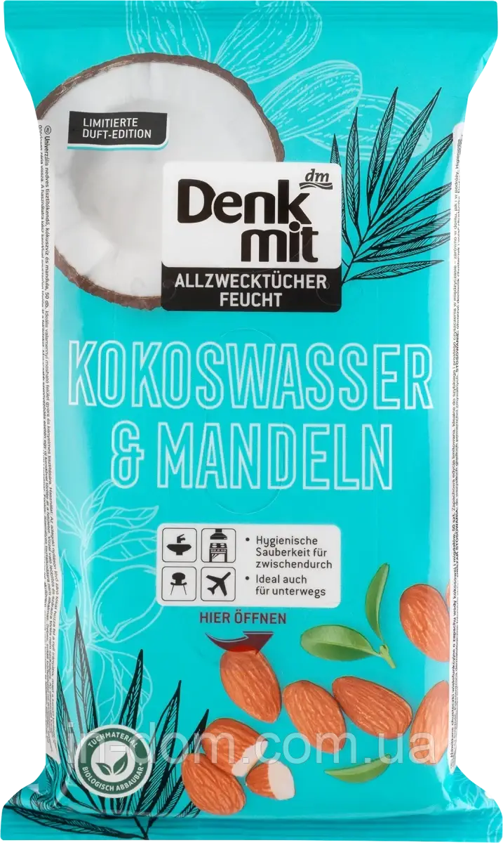 Denkmit Feuchte Allzwecktücher Mandel Вологі серветки для швидкого очищення з ароматом кокосу 50 шт