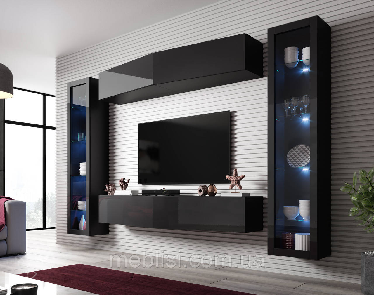 Чорна вітальня VIGO SLANT 8 (чорний глянець) (модульні меблі) (Cama)