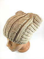 Шапка кошки зимова жіноча в'язана на флісі бежева