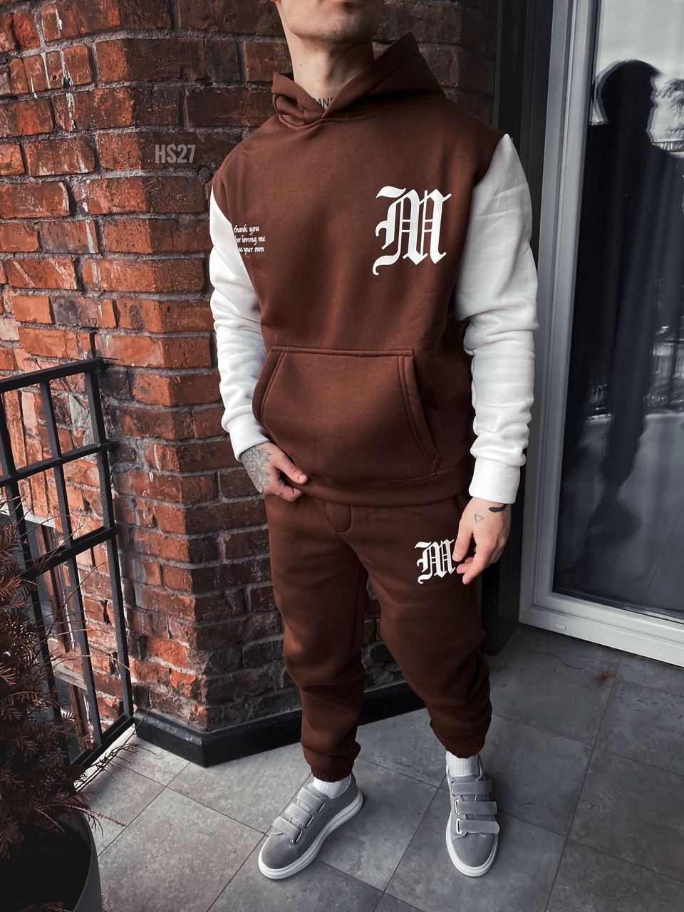 Чоловічий зимовий спортивний костюм коричневий із білим на флісі з капюшоном ⁇ Комплект худі та штани з начосом, фото 1