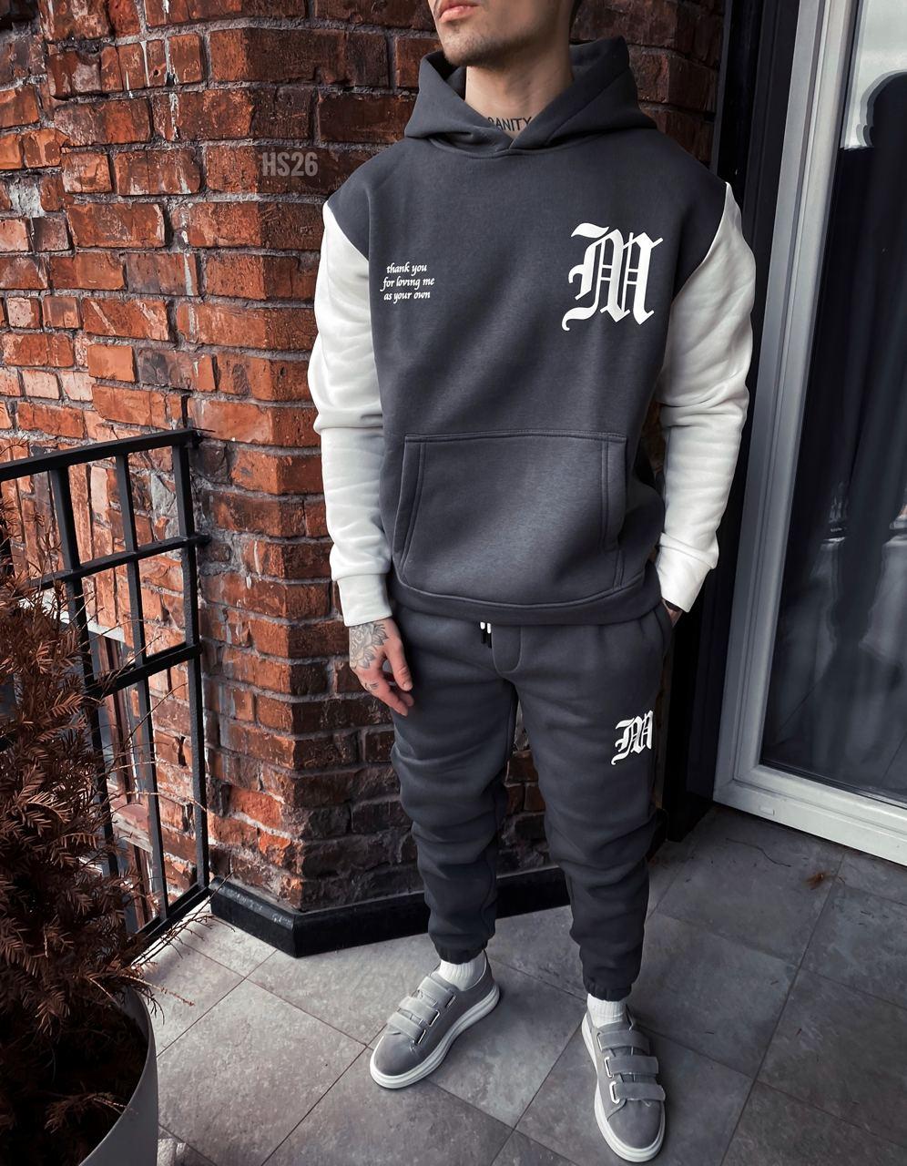 Чоловічий зимовий спортивний костюм сірий із білим на флісі з капюшоном ⁇ Комплект худі та штани з начосом, фото 1