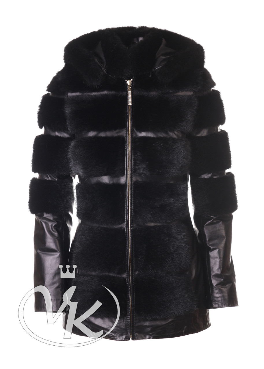 Куртка кожаная меховая женская длинная с капюшоном (Арт. ARI202) - фото 1 - id-p191489707