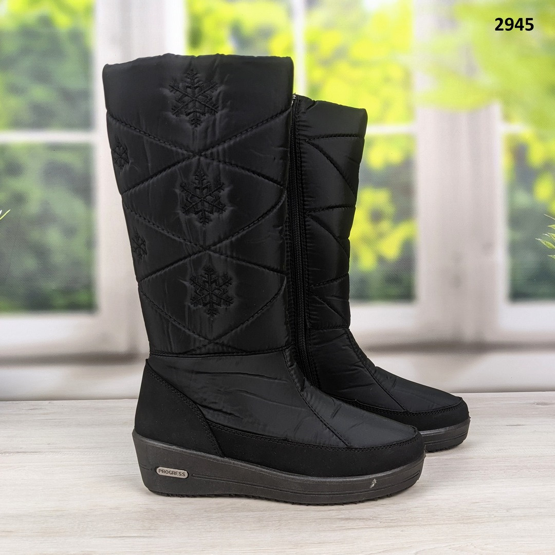 Чоботи дутики жіночі зимові високі чорні на танкетці Progress 2945, фото 1