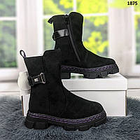 Ботинки зимние для девочки подростковые черные замшевые с ремешком Kimboo