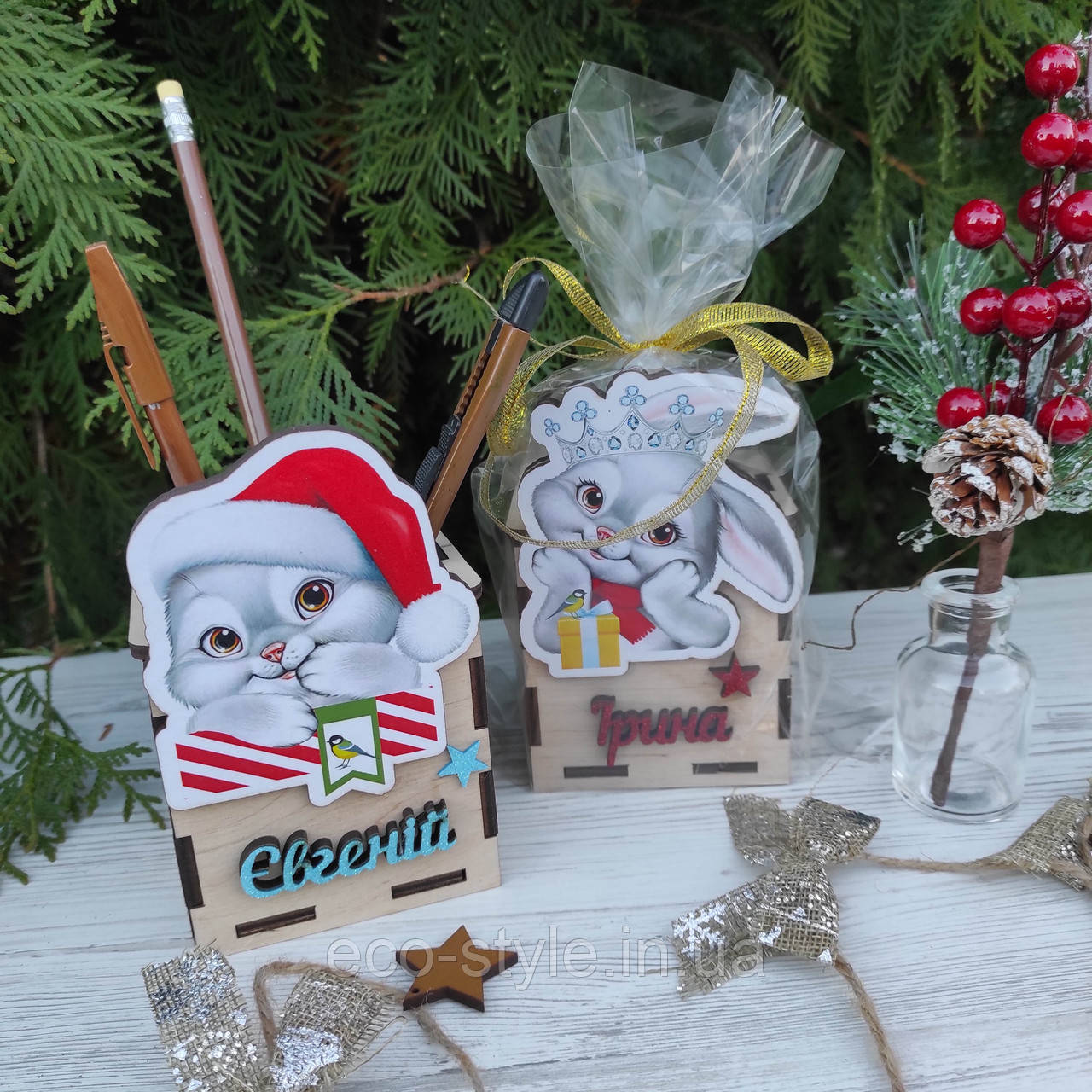 Стакан для ручок "Новорічні котики". Склянку з іменами. Іменний подарунок на Новий рік, фото 1