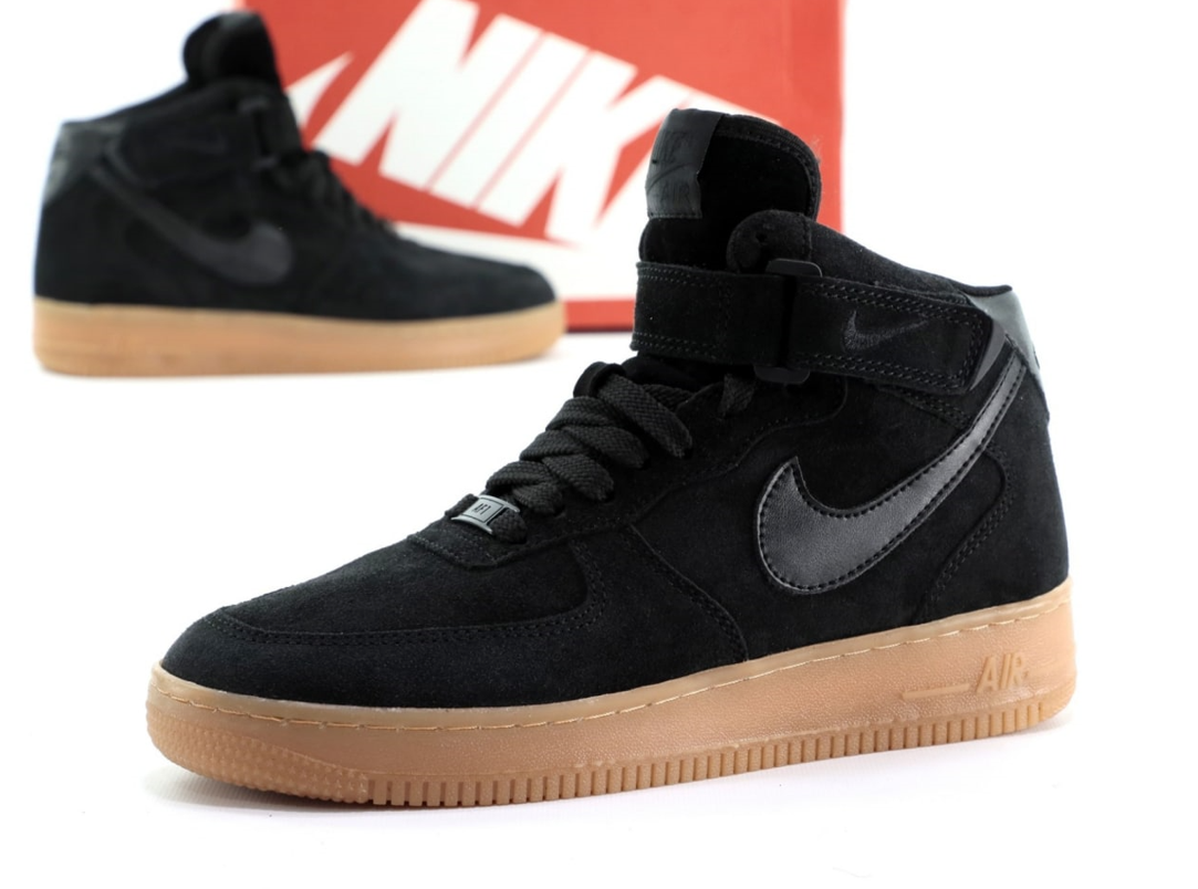 Зимові кросівки Nike air force 1 чорні Найк Форс чоловічі утеплені хутром високі замшеві на липучці