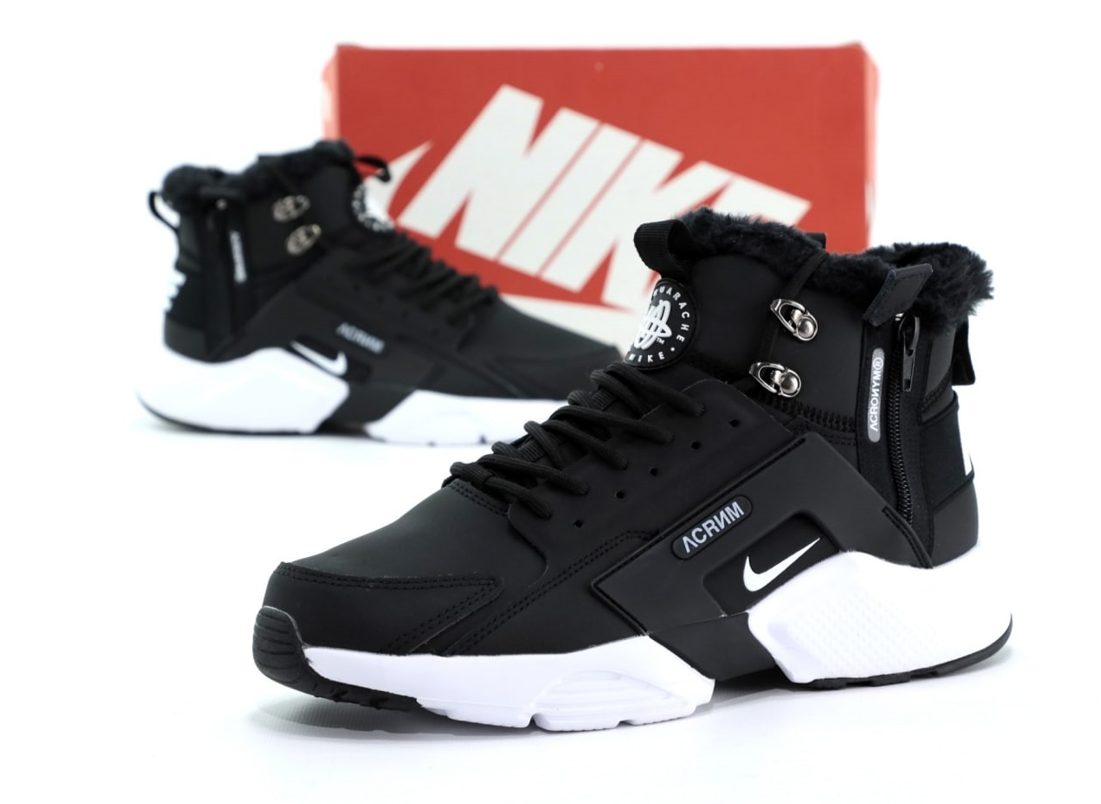 Чоловічі зимові кросівки Nike Huarache Acronym Winter Найк Хуарачи чорно-білі з хутром теплі