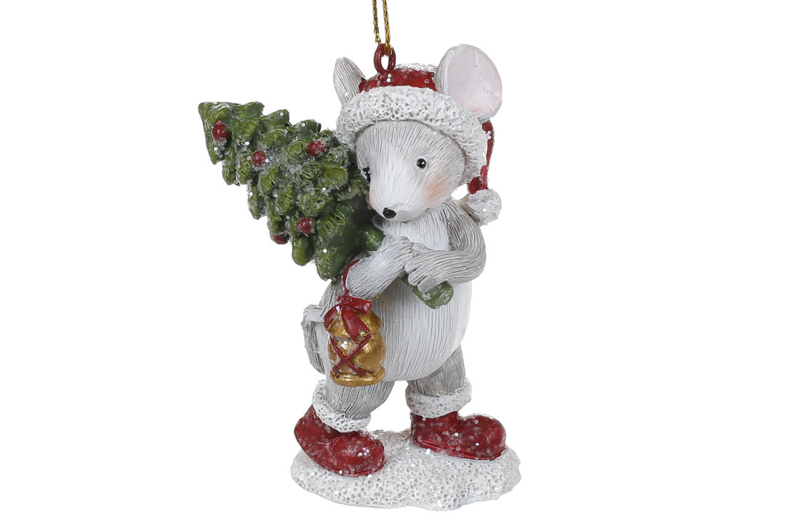 Декоративна підвіска Мишеня з ялинкою 8.5см, колір -світло-сірий з червоним, фото 1