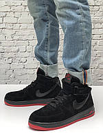 Мужские кроссовки зимние с мехом Nike Air Force 1 черные с красным. Зимняя обувь Найк Аир Форс 1 высокие