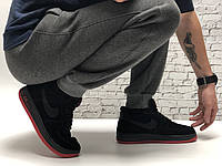 Мужские кроссовки зимние с мехом Nike Air Force 1 черные с красным. Зимняя обувь Найк Аир Форс 1 низкие