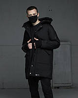 Куртка парка пуховик черная мужская зимняя теплая с капюшоном удлиненная до -25