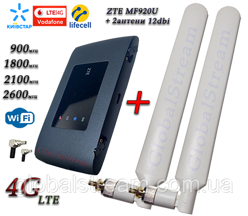 Мобільний модем 4G-LTE+3G Wi-Fi Роутер ZTE MF920U (KS, VD, Life) +2 антени 4G(LTE) на 12dBi SMA-TS9