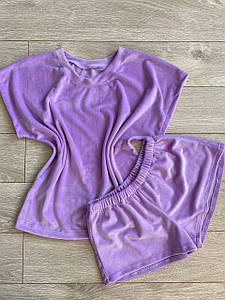 Жіноча плюшева піжама футболка та шорти лаванда