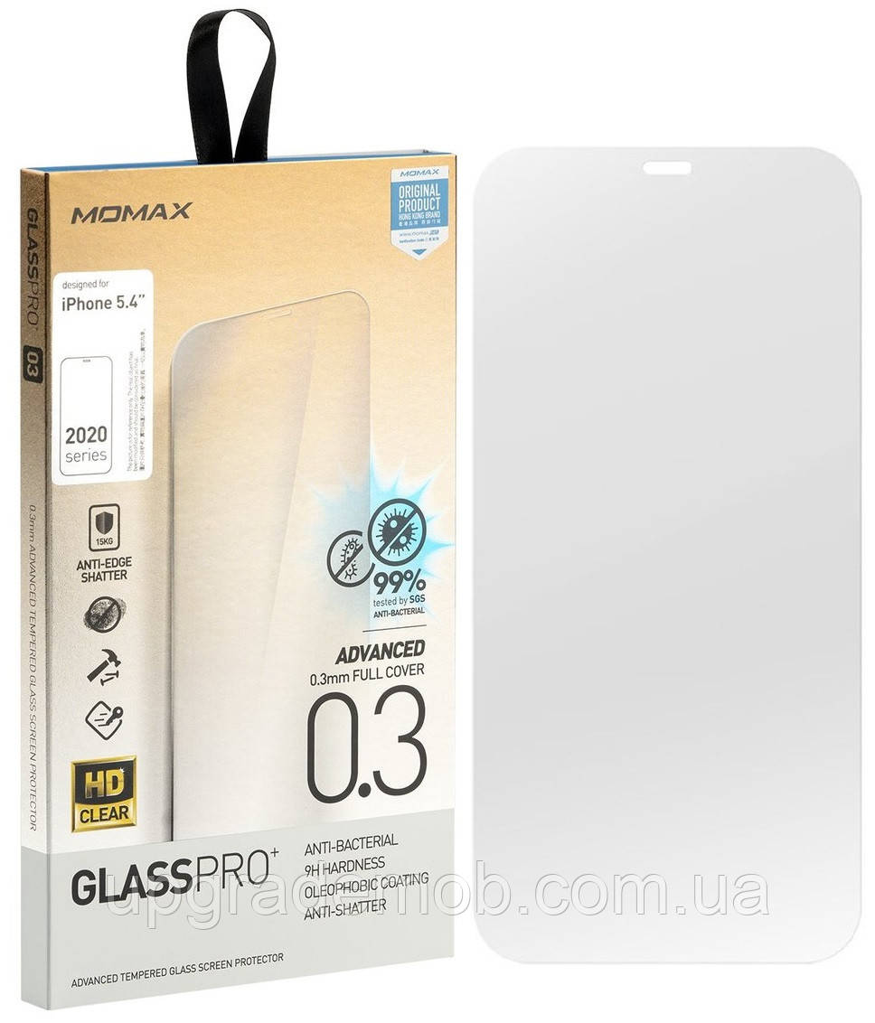 Захисне скло iPhone 12 mini прозоре 0.3 mm Glass Pro+ Anti-Bacterial Screen Protector Momax (PZAP20SBS1T), фото 1