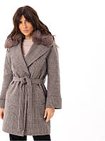 Пальто женское зимнее, с меховым воротником экокролик, шерстяное, до колена, в клетку, Коричневый, 42